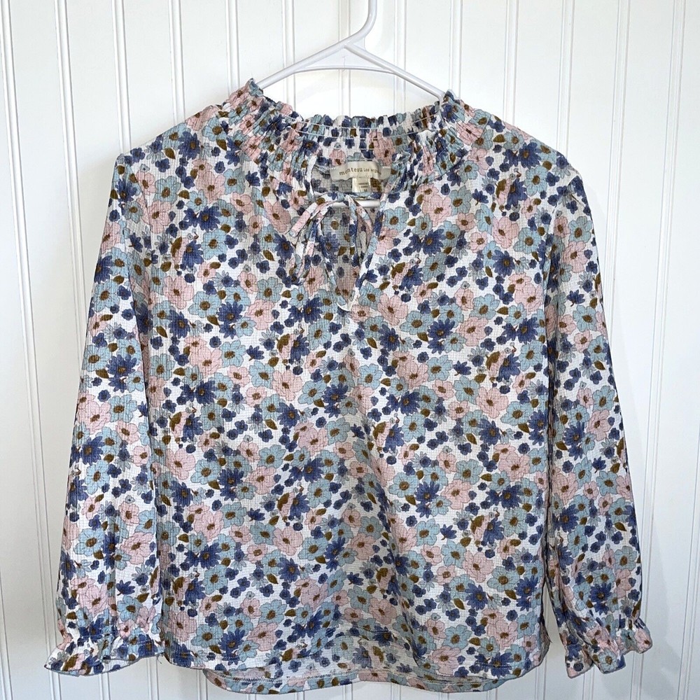 MONTEAU Los Angeles Shirt Womens‎ Medium Colorful Floral 3/4 Sleeve Blouse Gauzy